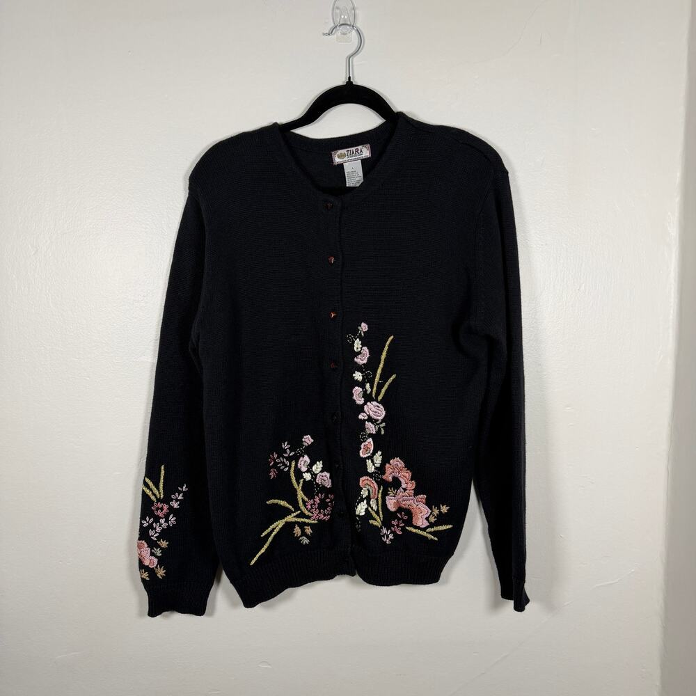 Tiara International Y2K Floral Embroidered Cardigan Black Size L